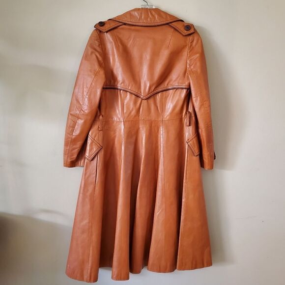 Vintage Women's Brown Leather Knee Length Coat Trench Cowgirl Western Rodeo - Picture 6 of 11